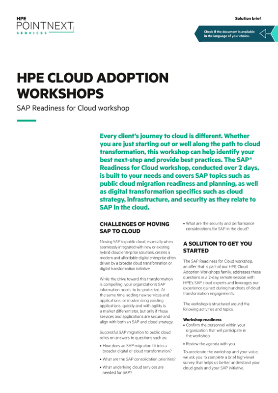 HPE Cloud Adoption Workshops – SAP Readiness for Cloud workshop solution brief thumbnail