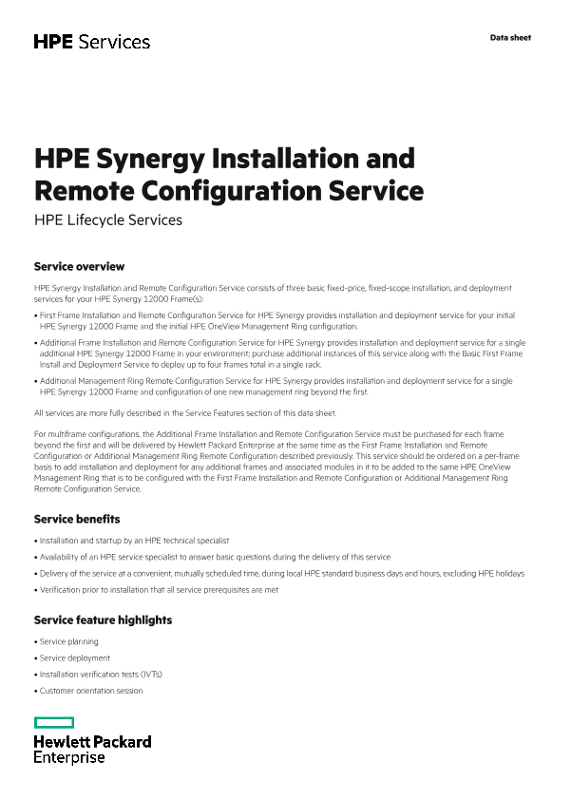 Sns-Brigh10 Synergy Installation and Remote Configuration Service – Integration and  Performance Services data sheet