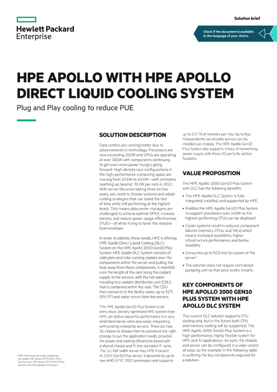 HPE Apollo with HPE Apollo Direct Liquid Cooling System solution brief thumbnail