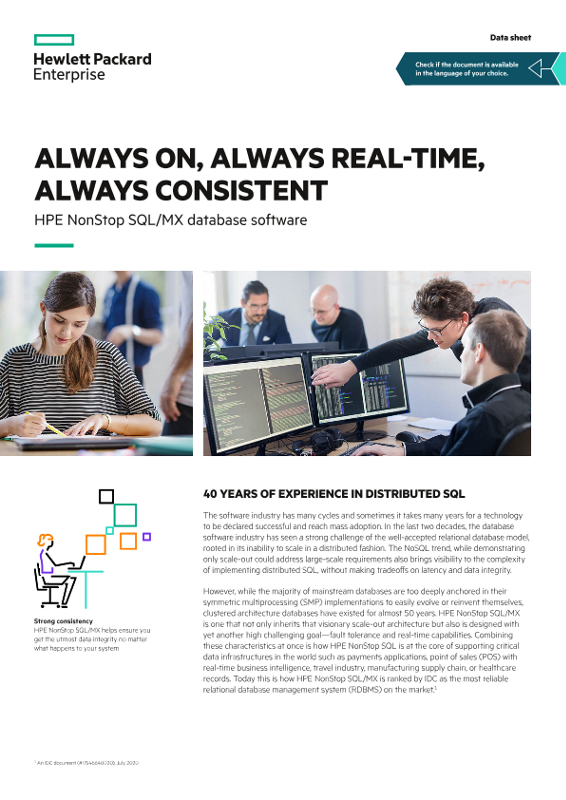 Always on, always real-time, always consistent – HPE NonStop SQL/MX database software data sheet thumbnail