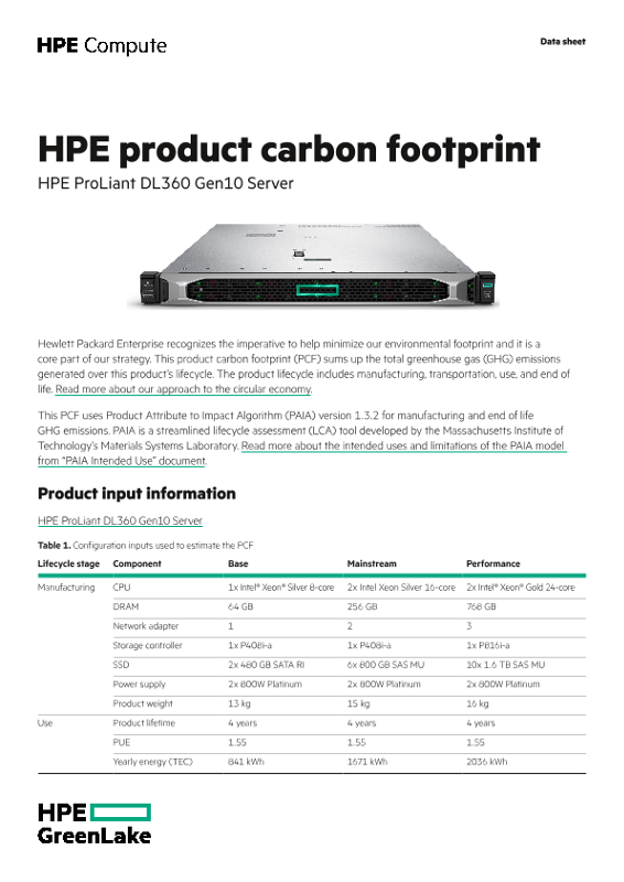 HPE product carbon footprint – HPE ProLiant DL360 Gen10 server data sheet thumbnail