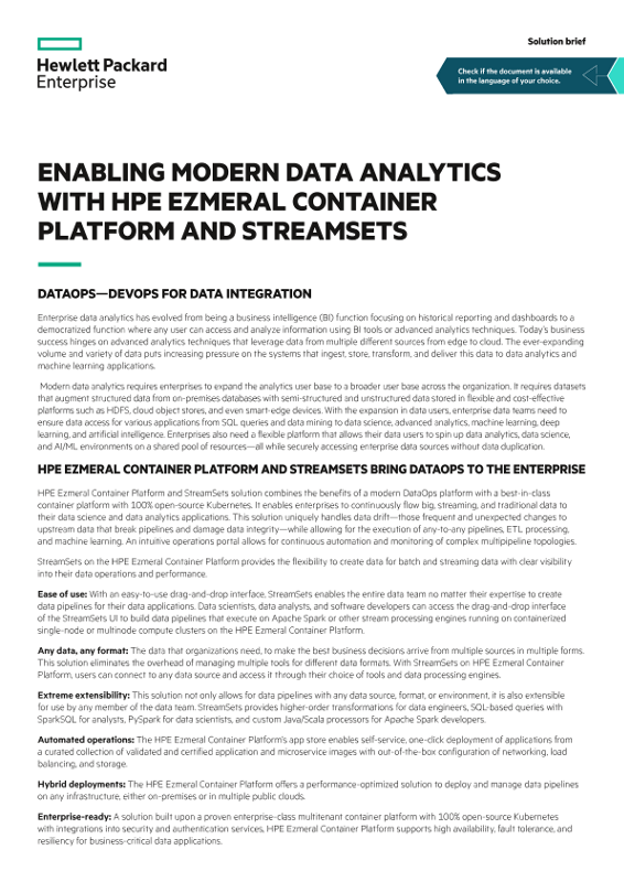 Enabling Modern Data Analytics with HPE Ezmeral Container Platform and StreamSets solution brief thumbnail