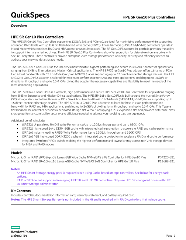 HPE SR Gen10 Plus Controllers QuickSpecs thumbnail
