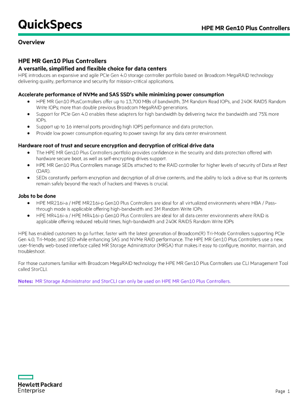 HPE MR Gen10 Plus Controllers QuickSpecs thumbnail