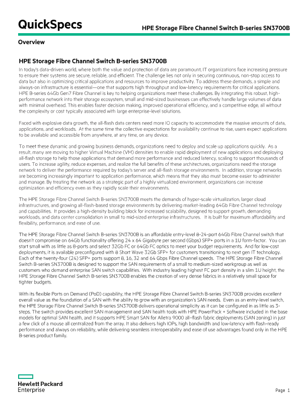 HPE Storage Fibre Channel Switch B-series SN3700B thumbnail