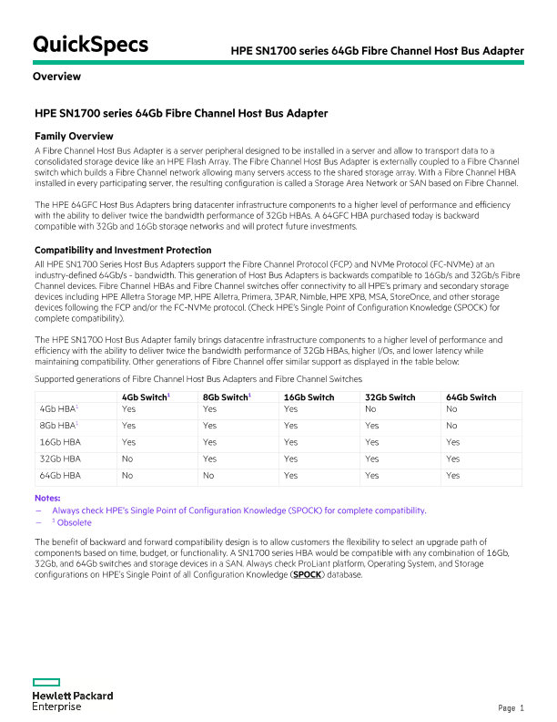 HPE SN1600 Series 32Gb Fibre Channel Host Bus Adapter