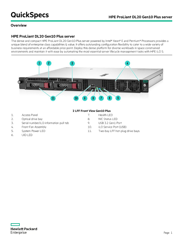 HPE ProLiant DL20 Gen10 Plus server QuickSpecs thumbnail