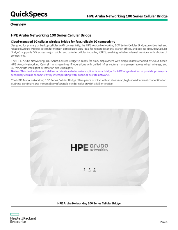 HPE Aruba Networking 100 Series Cellular Bridge thumbnail