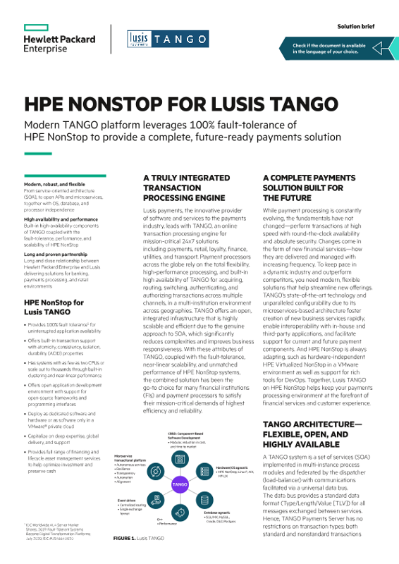 HPE NonStop for Lusis TANGO solution brief thumbnail