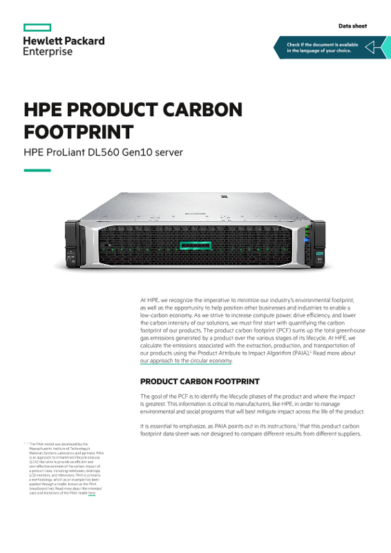 HPE product carbon footprint – HPE ProLiant DL560 Gen10 server data sheet thumbnail