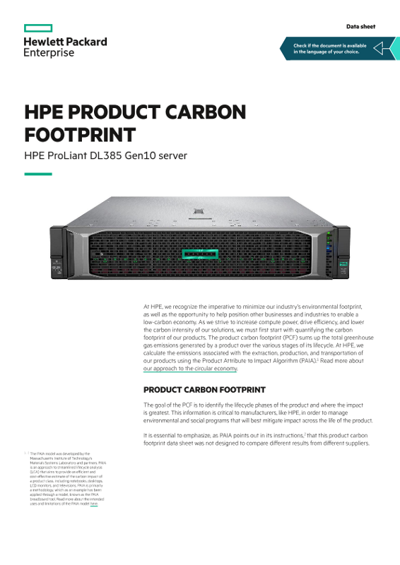 HPE product carbon footprint – HPE ProLiant DL385 Gen10 server data sheet thumbnail