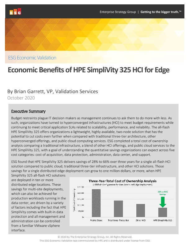 Economic benefits of HPE SimpliVity 325 for Edge - ESG Economic Validation thumbnail