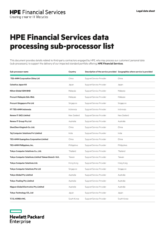 HPE Financial Services data processing sub-processor list thumbnail