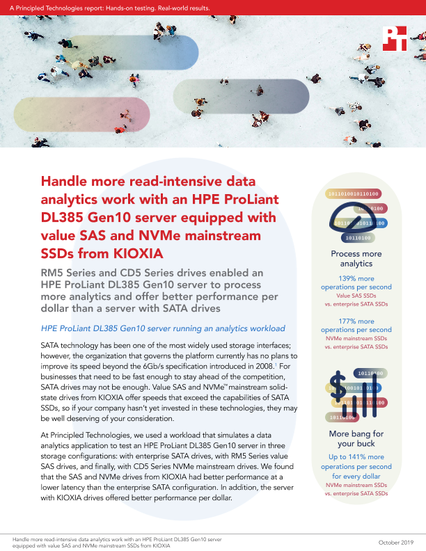 Handle more read-intensive data analytics work with an HPE ProLiant DL385 Gen10 server equipped with value SAS and NVMe mainstream SSDs from KIOXIA thumbnail