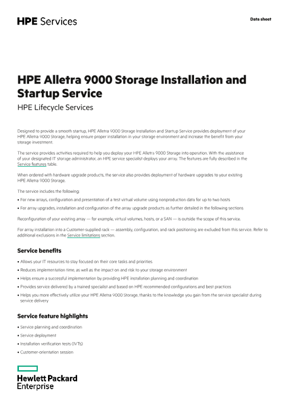 HPE Alletra 9000 Storage Installation and Startup Service | HPE