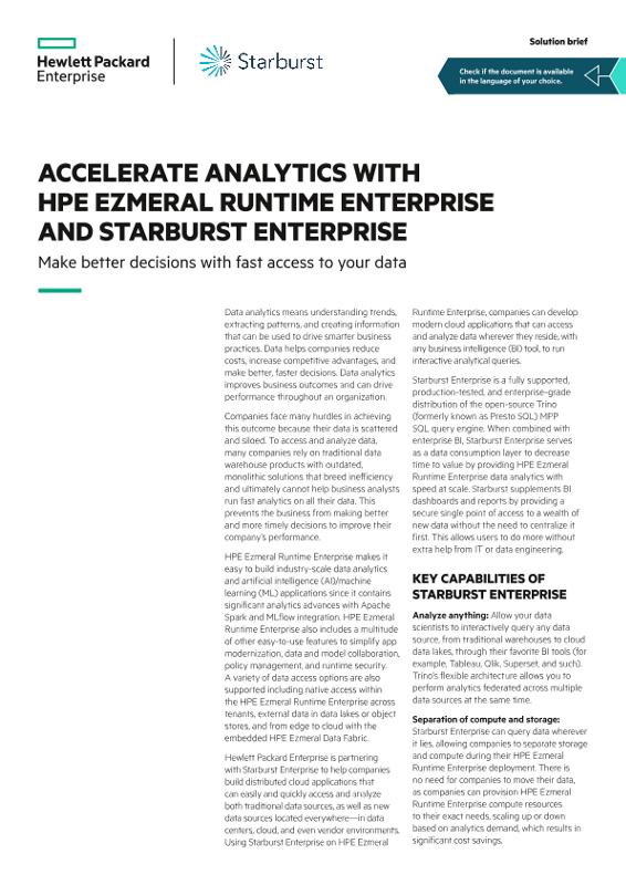 Accelerate analytics with HPE Ezmeral Runtime Enterprise and Starburst Enterprise solution brief thumbnail
