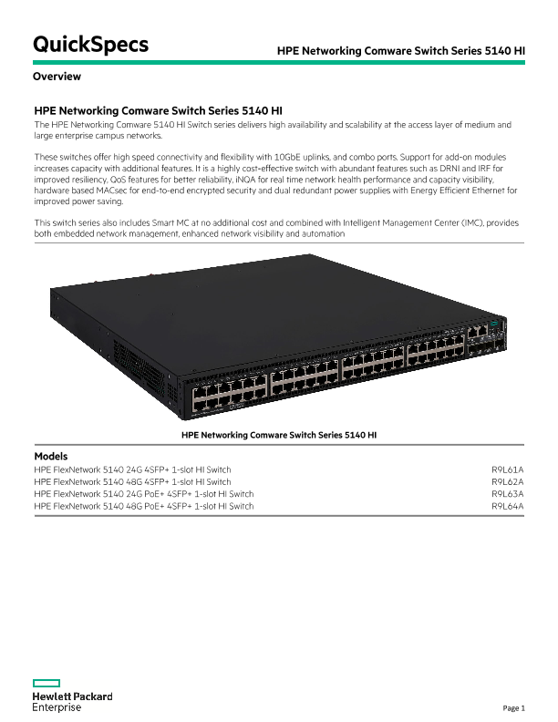 HPE FlexNetwork 5140 Hl Switch Series thumbnail