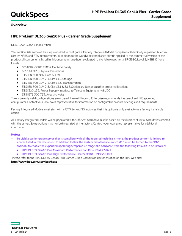 HPE ProLiant DL365 Gen10 Plus - Carrier Grade Supplement thumbnail
