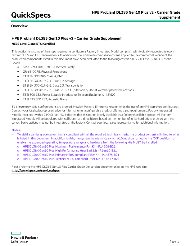 HPE ProLiant DL385 Gen10 Plus v2 - Carrier Grade Supplement thumbnail