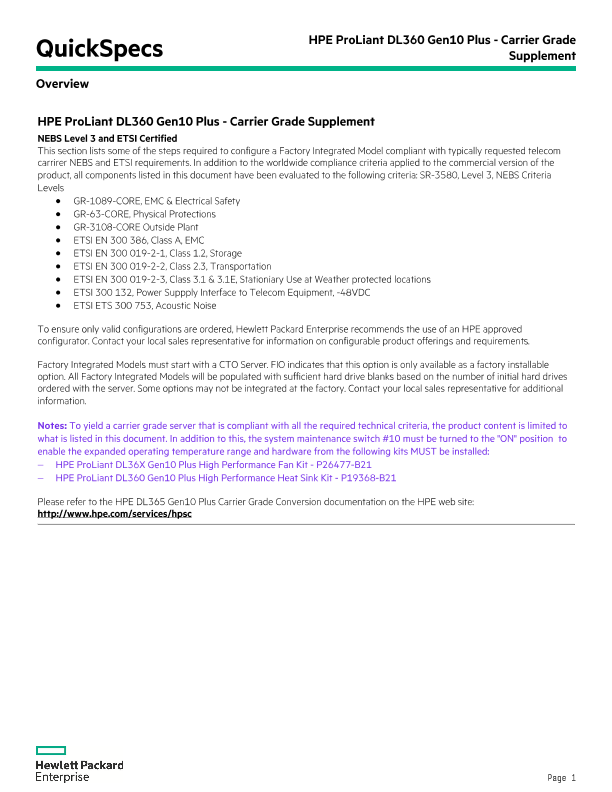 HPE ProLiant DL360 Gen10 Plus - Carrier Grade Supplement thumbnail