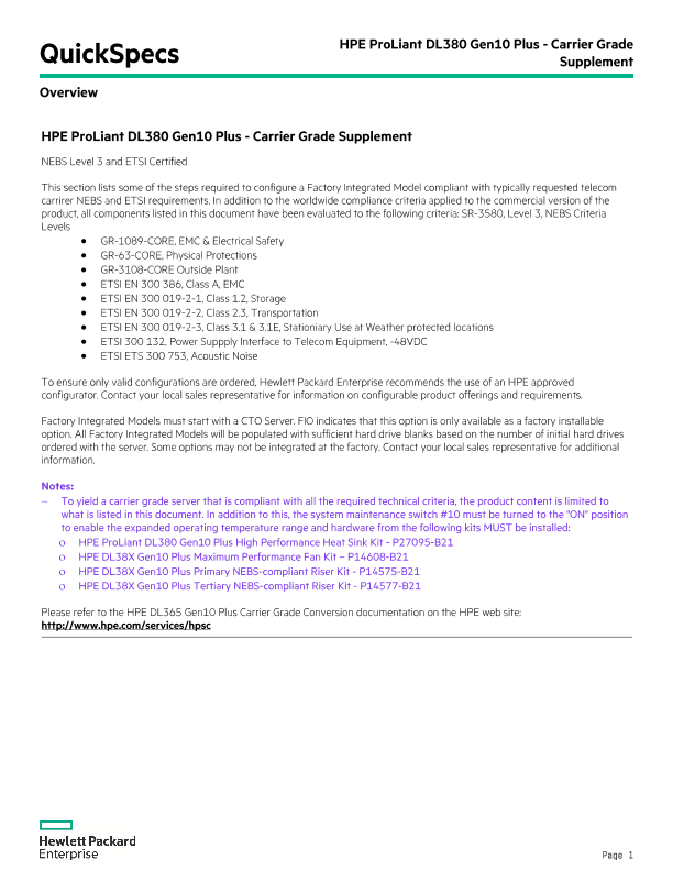 HPE ProLiant DL380 Gen10 Plus - Carrier Grade Supplement thumbnail