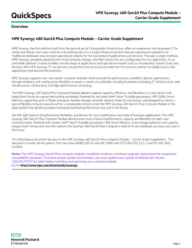 HPE Synergy 480 Gen10 Plus Compute Module – Carrier Grade Supplement thumbnail