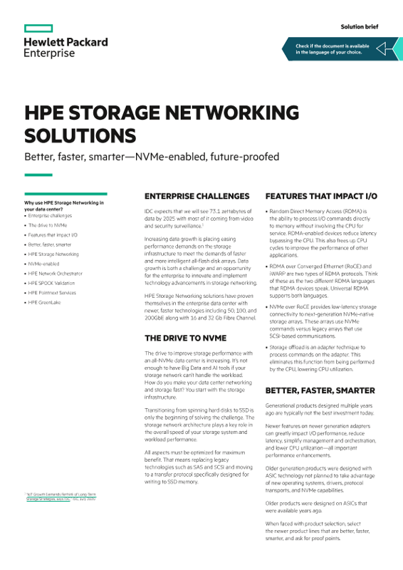 HPE Storage Networking Solutions – Better, faster, smarter – NVMe-enabled, future-proofed solution brief thumbnail