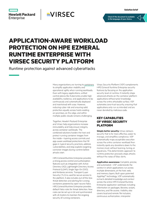 Application-aware workload protection on HPE Ezmeral Runtime Enterprise with Virsec Security Platform solution brief thumbnail