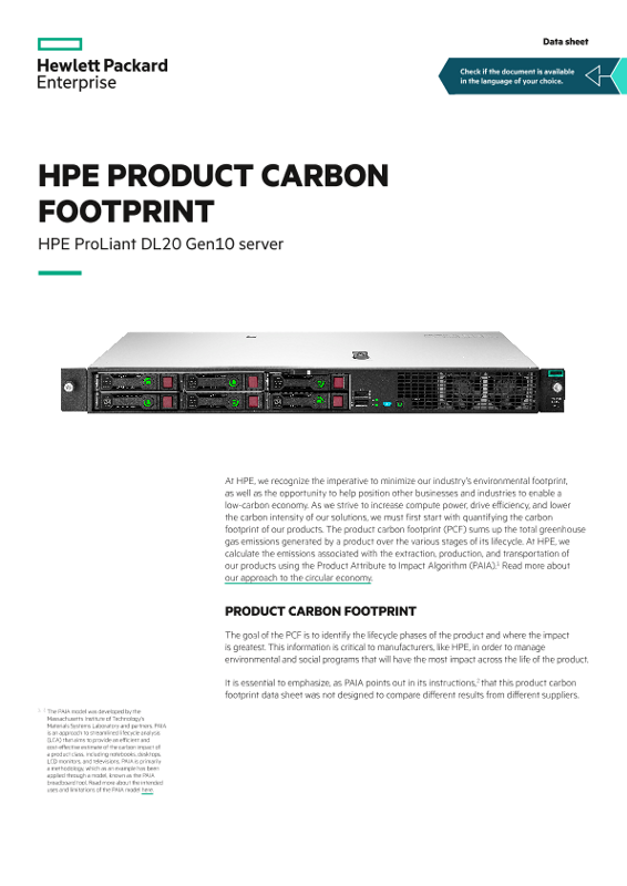 HPE product carbon footprint – HPE ProLiant DL20 Gen10 server data sheet thumbnail