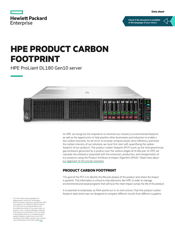 HPE product carbon footprint – HPE ProLiant DL180 Gen10 server data sheet thumbnail