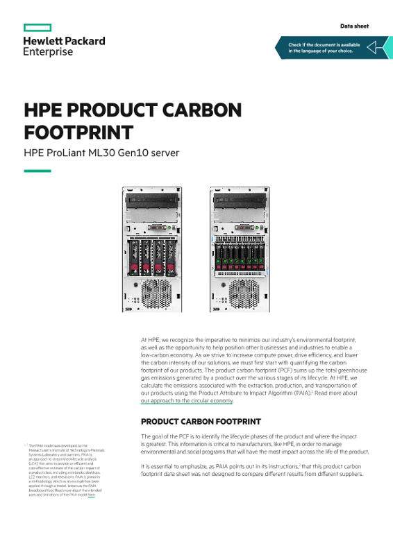 HPE product carbon footprint – HPE ProLiant ML30 Gen10 server data sheet thumbnail