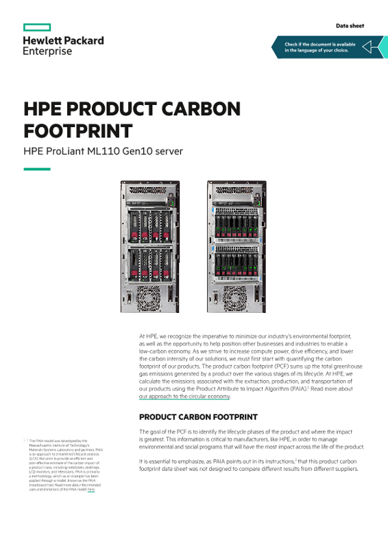 HPE product carbon footprint – HPE ProLiant ML110 Gen10 server data sheet thumbnail