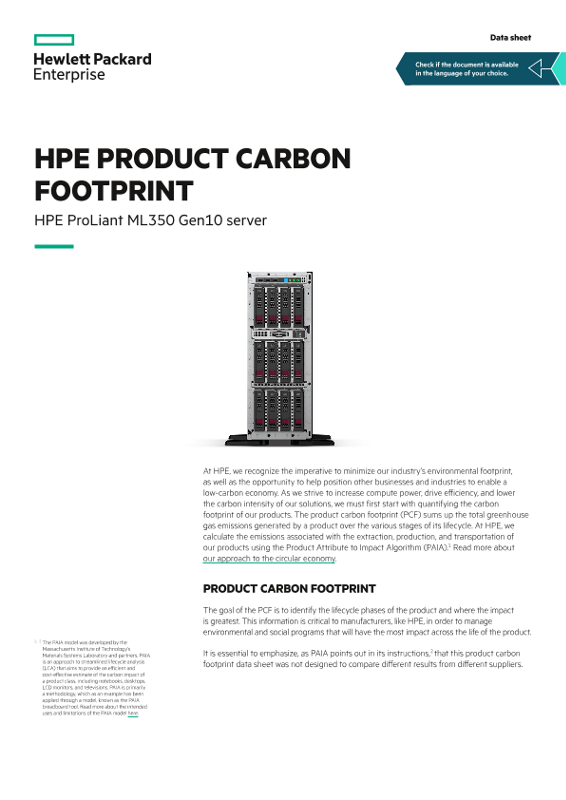 HPE product carbon footprint – HPE ProLiant ML350 Gen10 server data sheet thumbnail