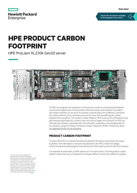HPE product carbon footprint – HPE ProLiant XL230k Gen10 server data sheet thumbnail