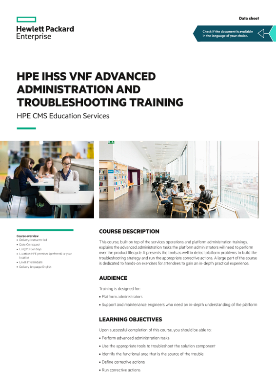 HPE IHSS VNF Advanced Administration and Troubleshooting training data sheet thumbnail