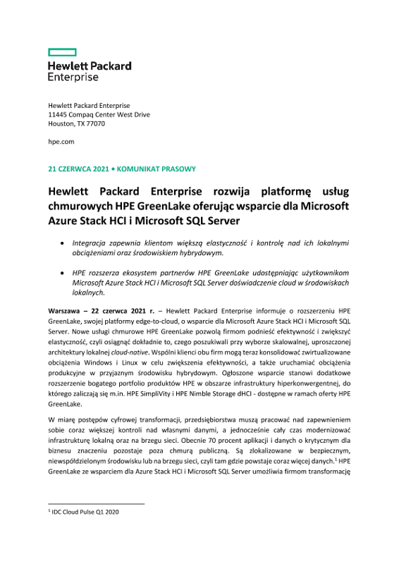 Hewlett Packard Enterprise rozwija platformę usług chmurowych HPE GreenLake oferując wsparcie dla Microsoft Azure Stack HCI i Microsoft SQL Server thumbnail