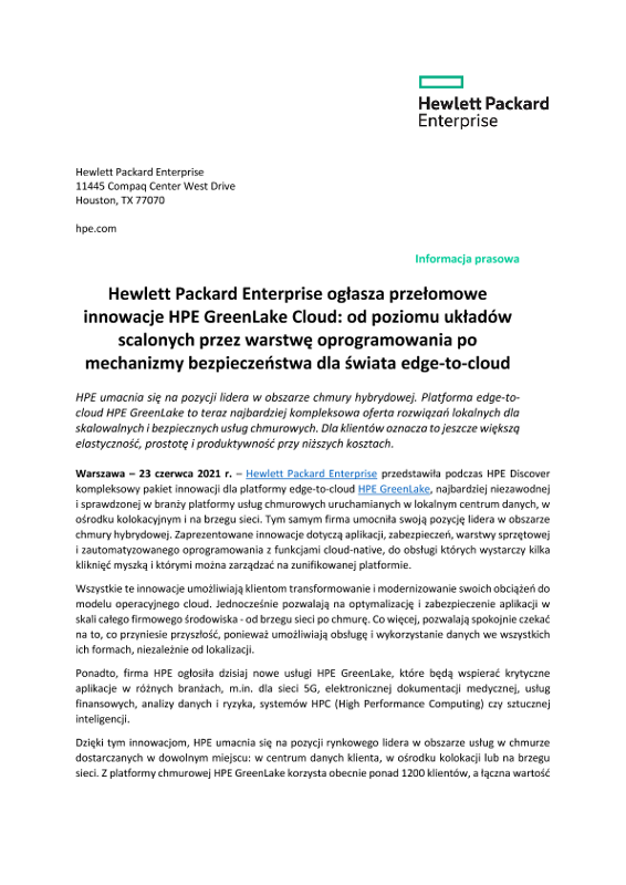 Hewlett Packard Enterprise ogłasza przełomowe innowacje HPE GreenLake Cloud: od poziomu układów scalonych przez warstwę oprogramowania po mechanizmy bezpieczeństwa dla świata edge-to-cloud thumbnail
