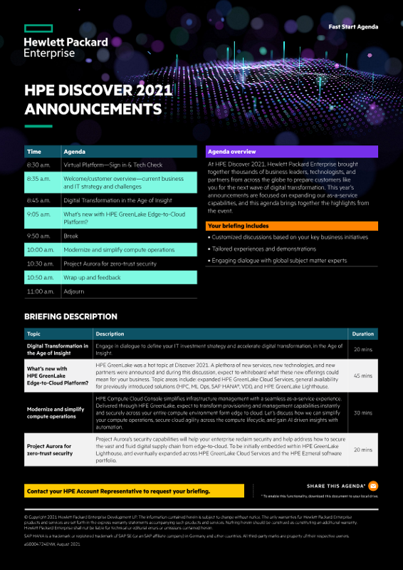 HPE Discover 2021 Announcements fast start agenda