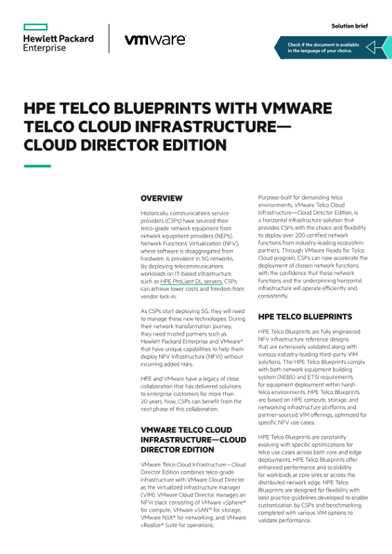 HPE Telco Blueprints with VMware Telco Cloud Infrastructure – Cloud Director Edition solution brief thumbnail