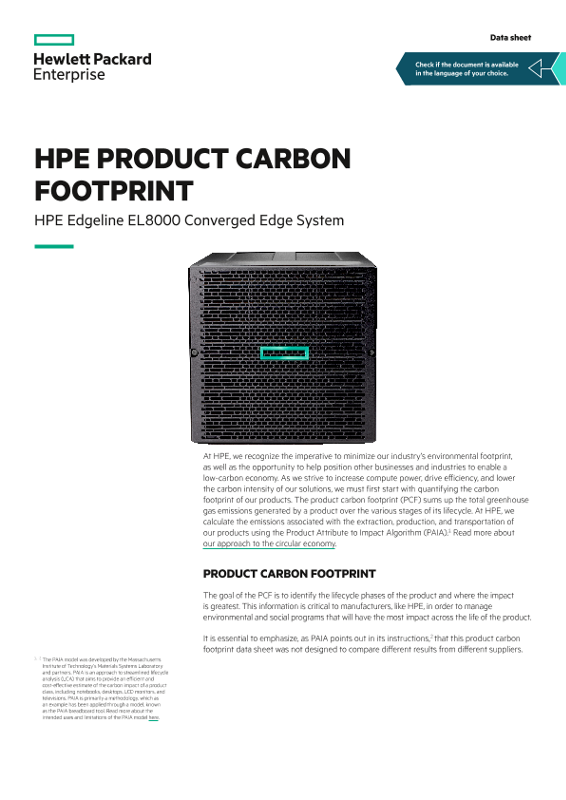 HPE product carbon footprint – HPE Edgeline EL8000 Converged Edge System data sheet thumbnail