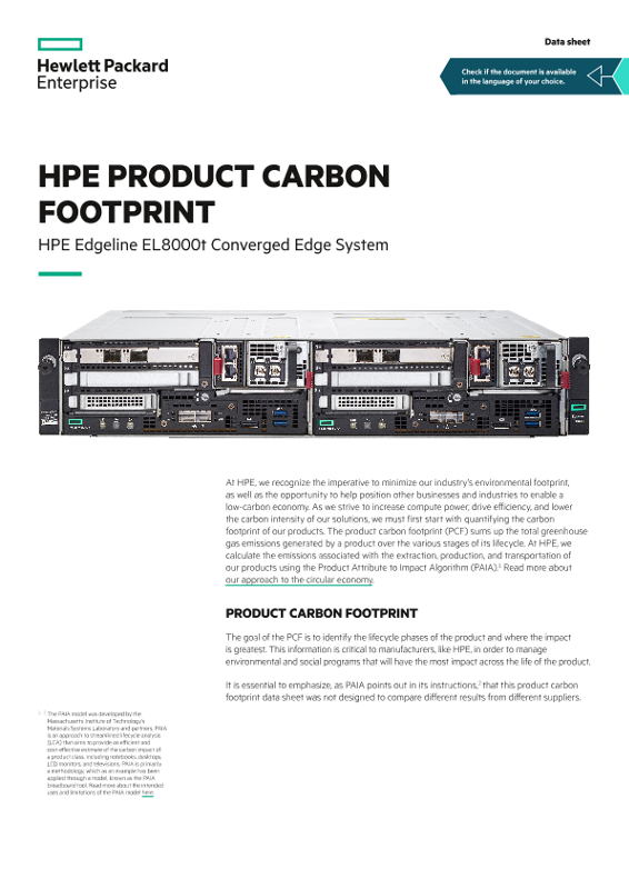 HPE product carbon footprint – HPE Edgeline EL8000t Converged Edge System data sheet thumbnail