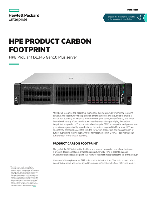 HPE product carbon footprint – HPE ProLiant DL345 Gen10 Plus server data sheet thumbnail