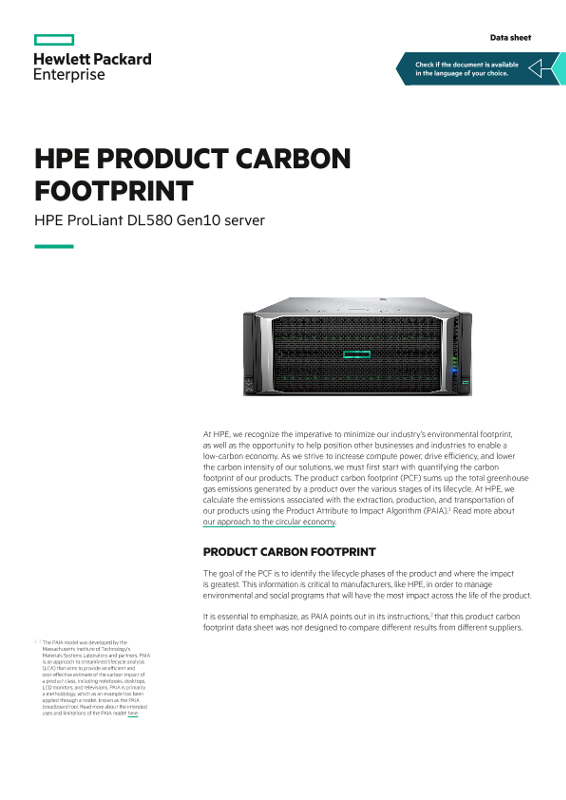 HPE product carbon footprint – HPE ProLiant DL580 Gen10 server data sheet thumbnail