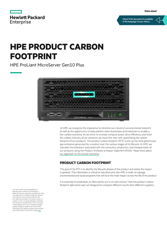 HPE product carbon footprint – HPE ProLiant MicroServer Gen10 Plus data sheet thumbnail
