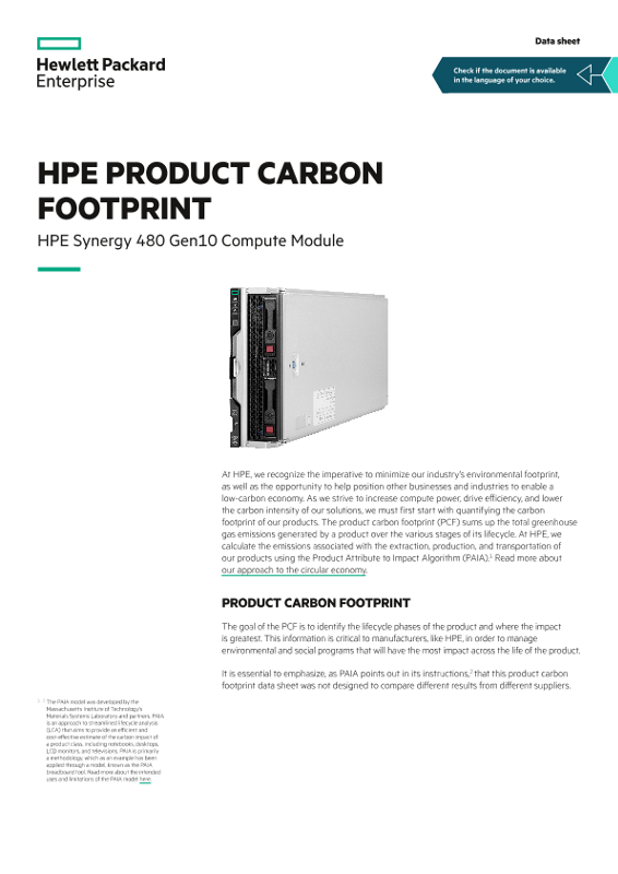 HPE product carbon footprint – HPE Synergy 480 Gen10 Compute Module data sheet thumbnail