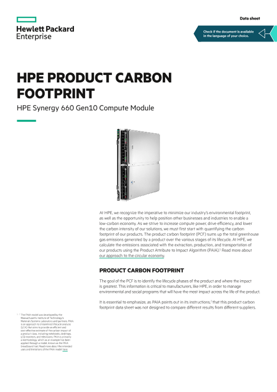 HPE product carbon footprint – HPE Synergy 660 Gen10 Compute Module data sheet thumbnail