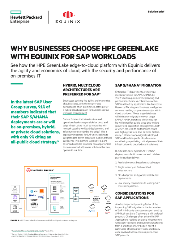 Why businesses choose HPE GreenLake with Equinix for SAP Workloads solution brief thumbnail