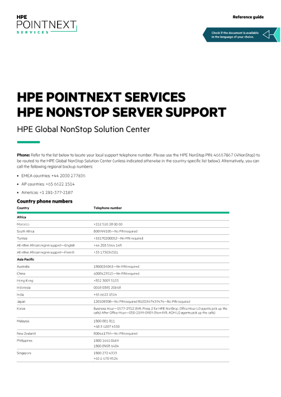 HPE Pointnext Services HPE Nonstop Server Support reference guide thumbnail