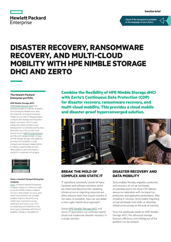 Disaster recovery, ransomware recovery, and multi-cloud mobility with HPE Nimble Storage dHCI and Zerto solution brief thumbnail