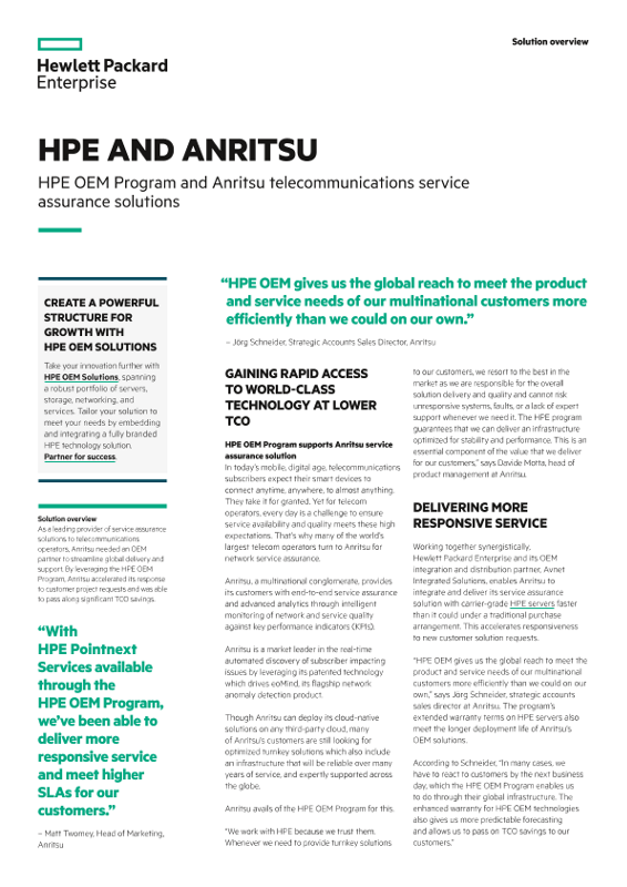 HPE and Anritsu – HPE OEM Program and Anritsu telecommunications service assurance solutions thumbnail